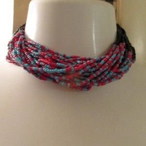 Multi Layered Turquoise Seed Bead Twisted Short Necklace